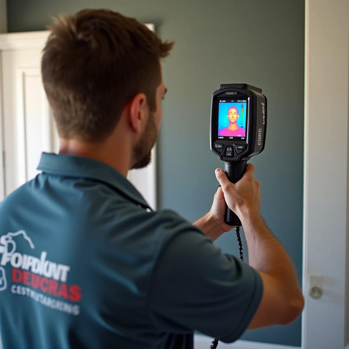IICRC-certified technician using a thermal camera to find hidden moisture in a Lake Forest home