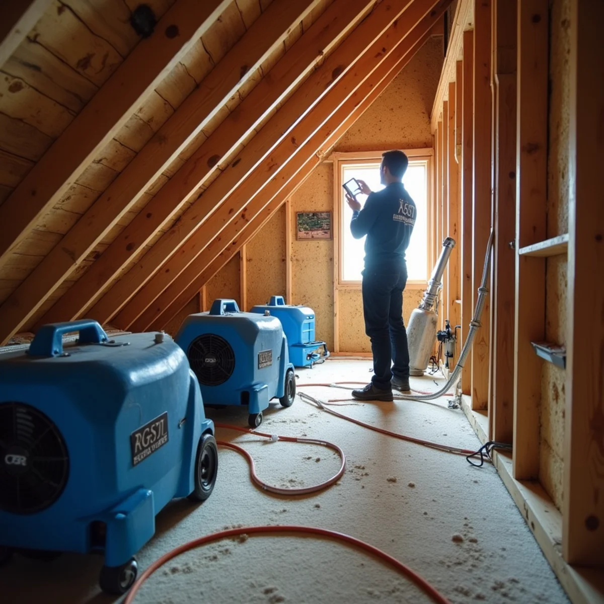 Technician inspecting water-damaged insulation in a Lake Forest attic