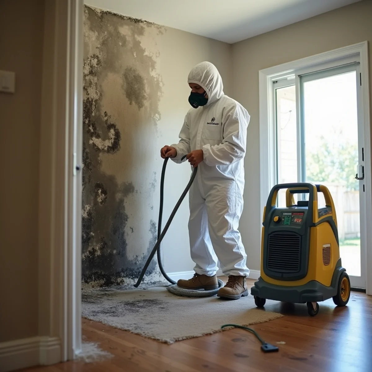 Technician in protective suit removing black mold under containment in a Lake Forest home