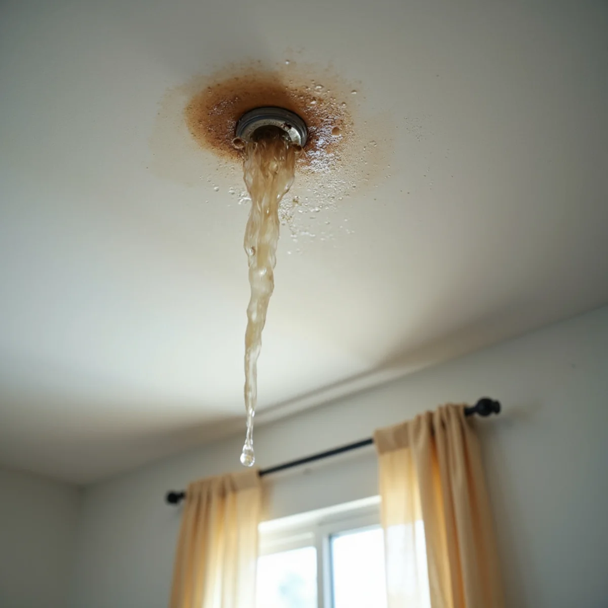 Water stain on a ceiling below an attic air handler caused by a clogged condensate line