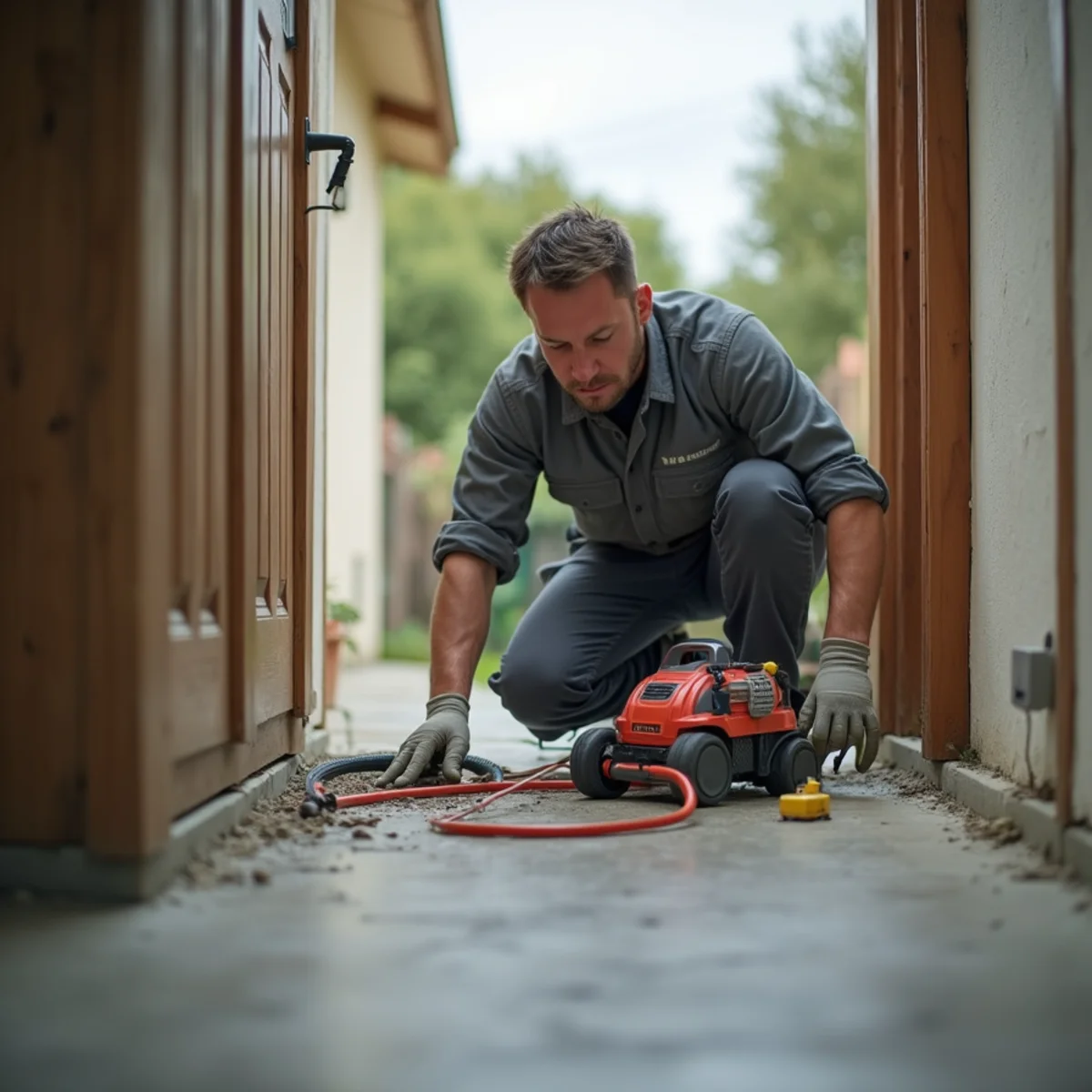 Technician using leak detection equipment over a concrete slab in an Orange County home