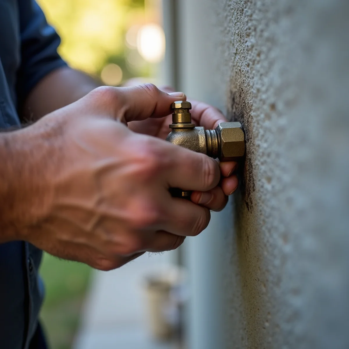 Homeowner shutting off the main water shut-off valve at the side of a Lake Forest home