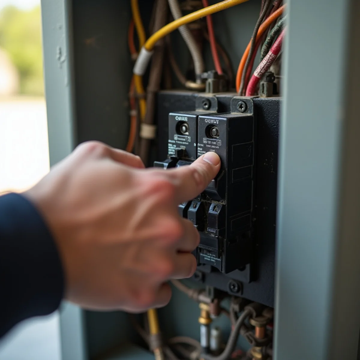 Hand switching off a circuit breaker in a home electrical panel to cut power to a flooded room