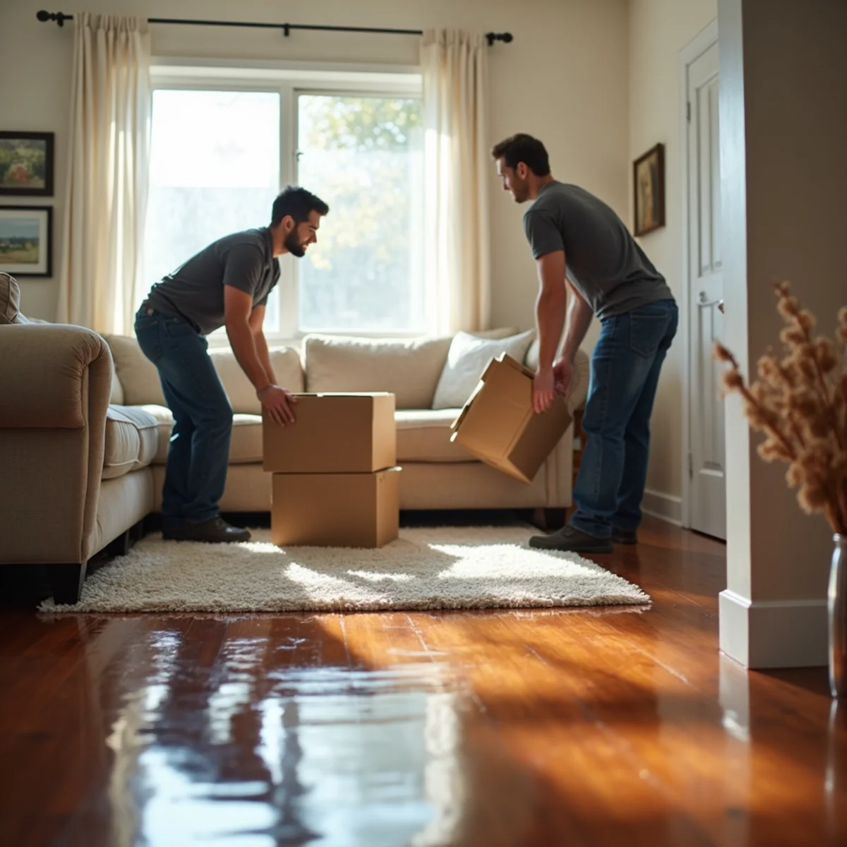 Person moving furniture and valuables off a water-covered living room floor