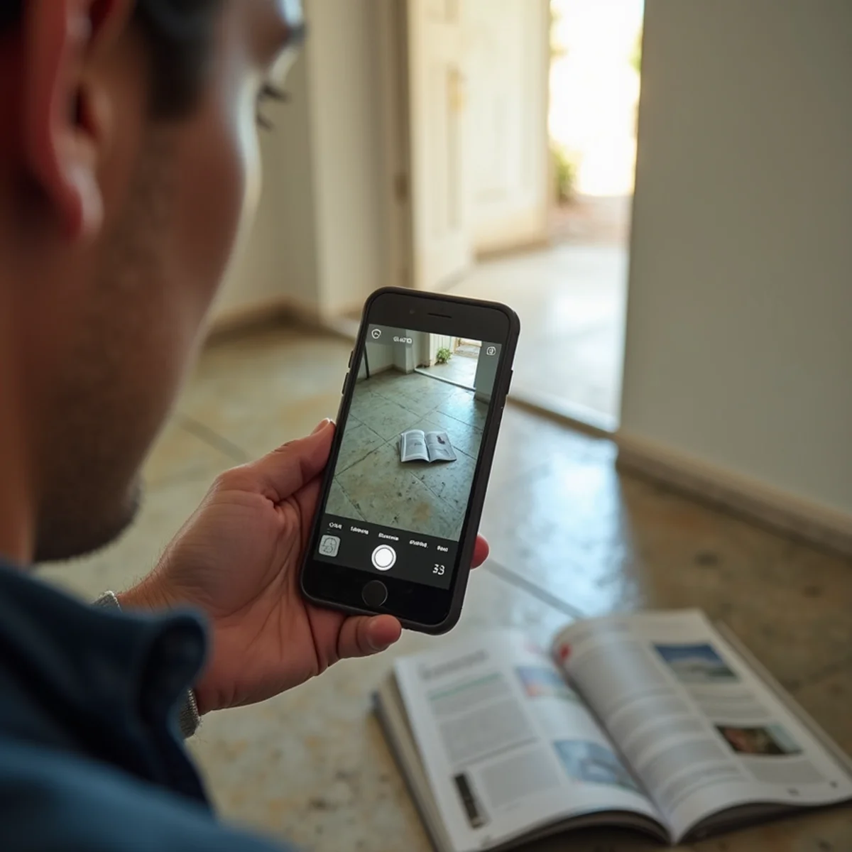Homeowner photographing water damage on a phone for an insurance claim