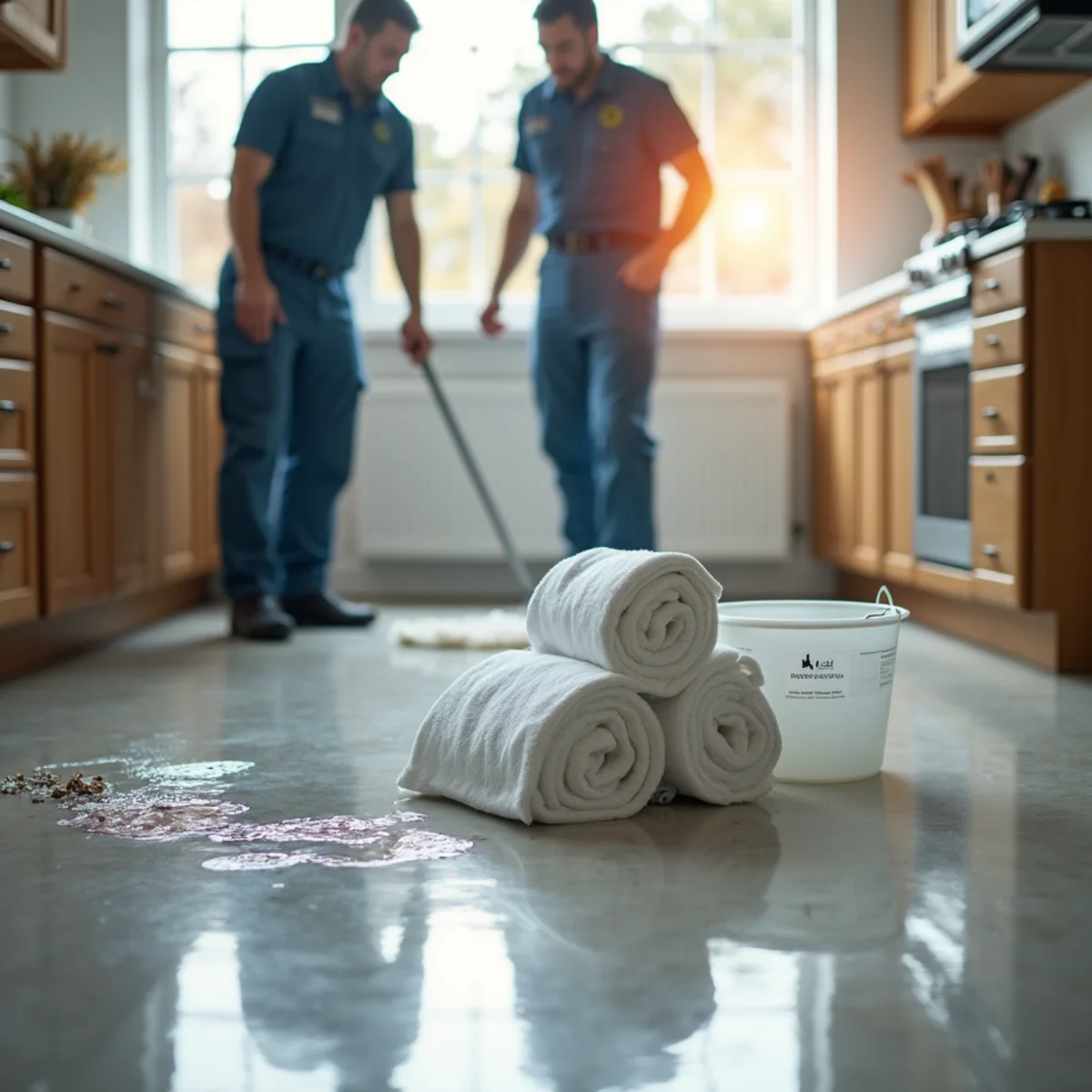 Towels and a bucket containing water spreading across a hardwood floor