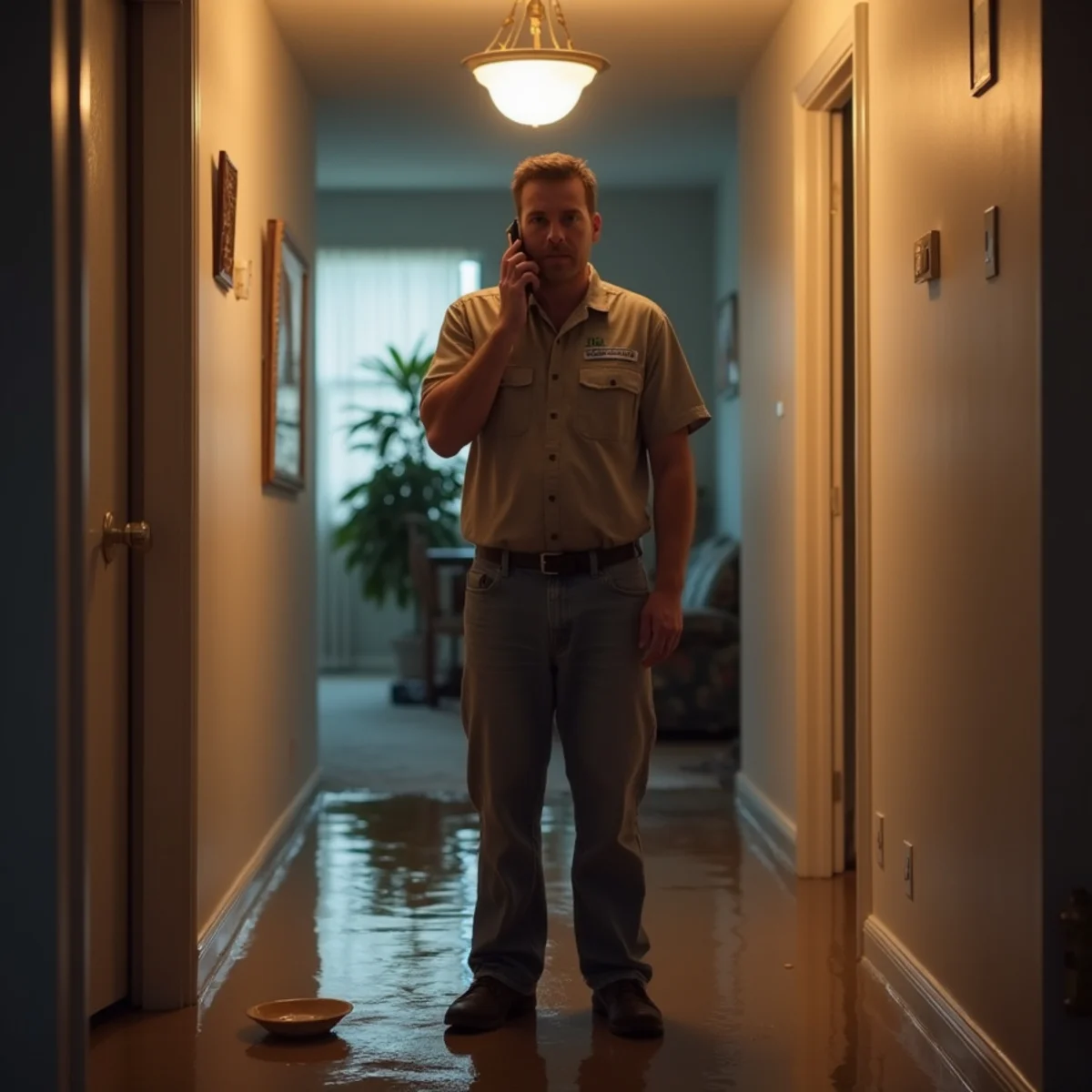 Homeowner calling a 24/7 water damage restoration company from a flooded kitchen