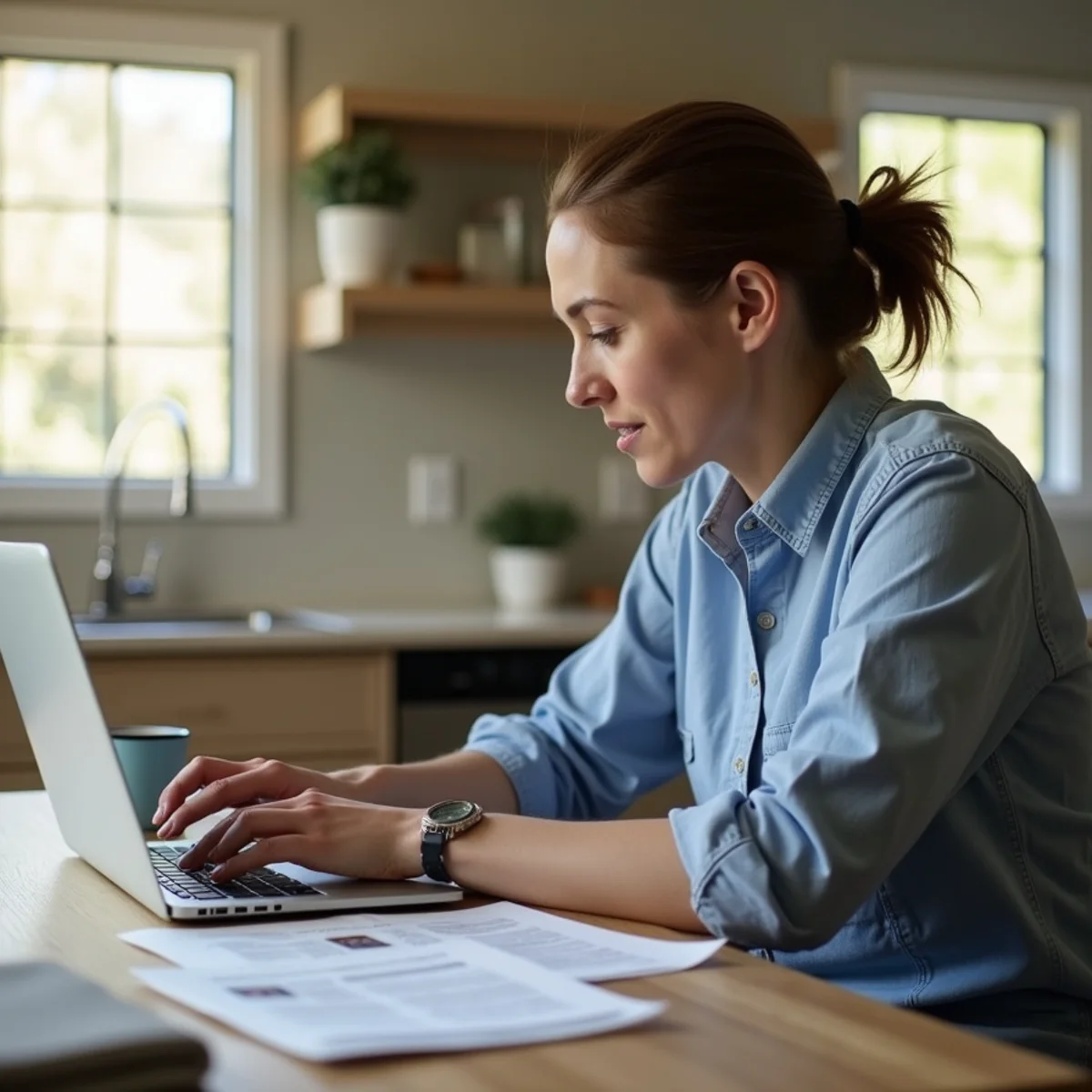 Homeowner reviewing water damage insurance claim paperwork at a kitchen table