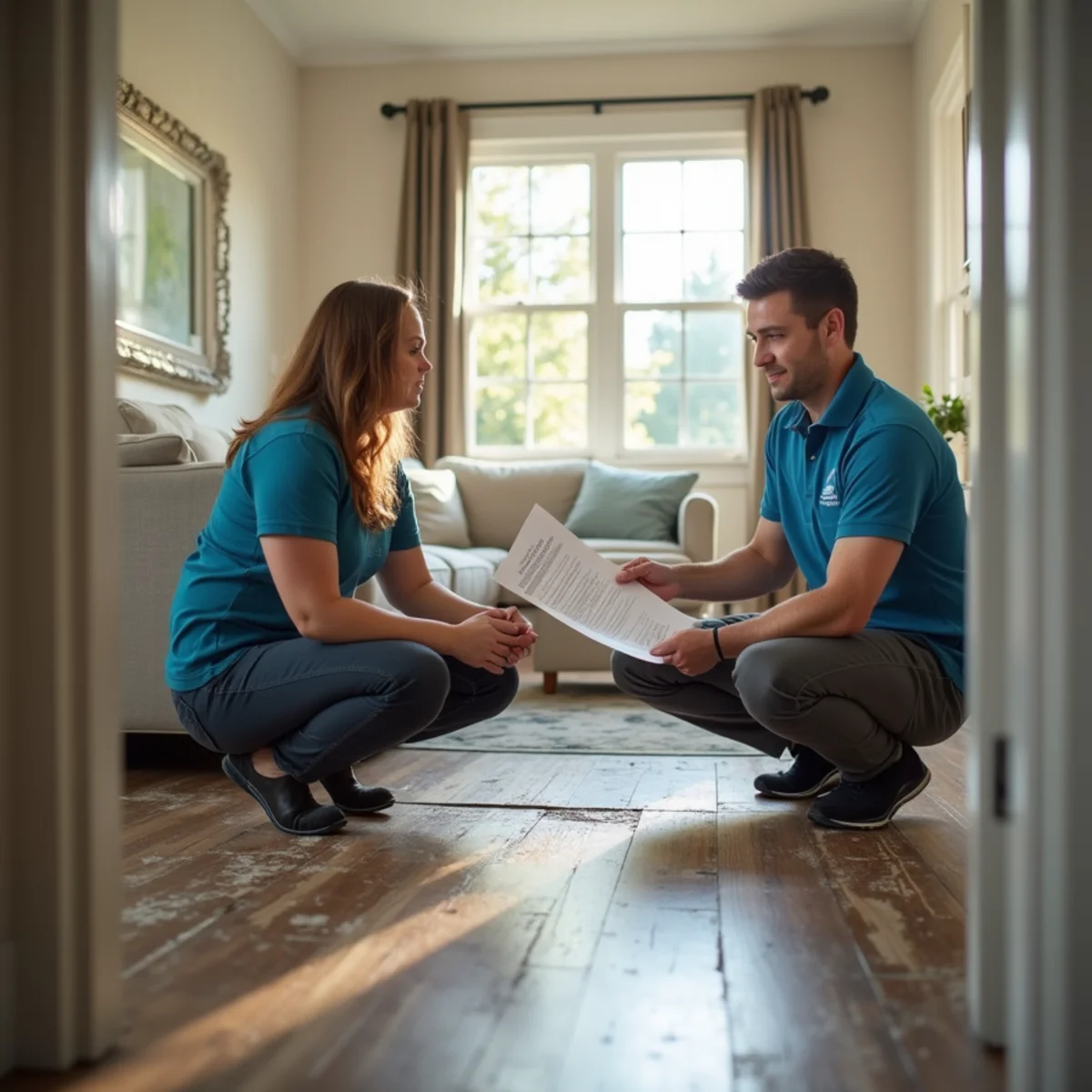 Homeowner reviewing an insurance policy next to water-damaged flooring in California