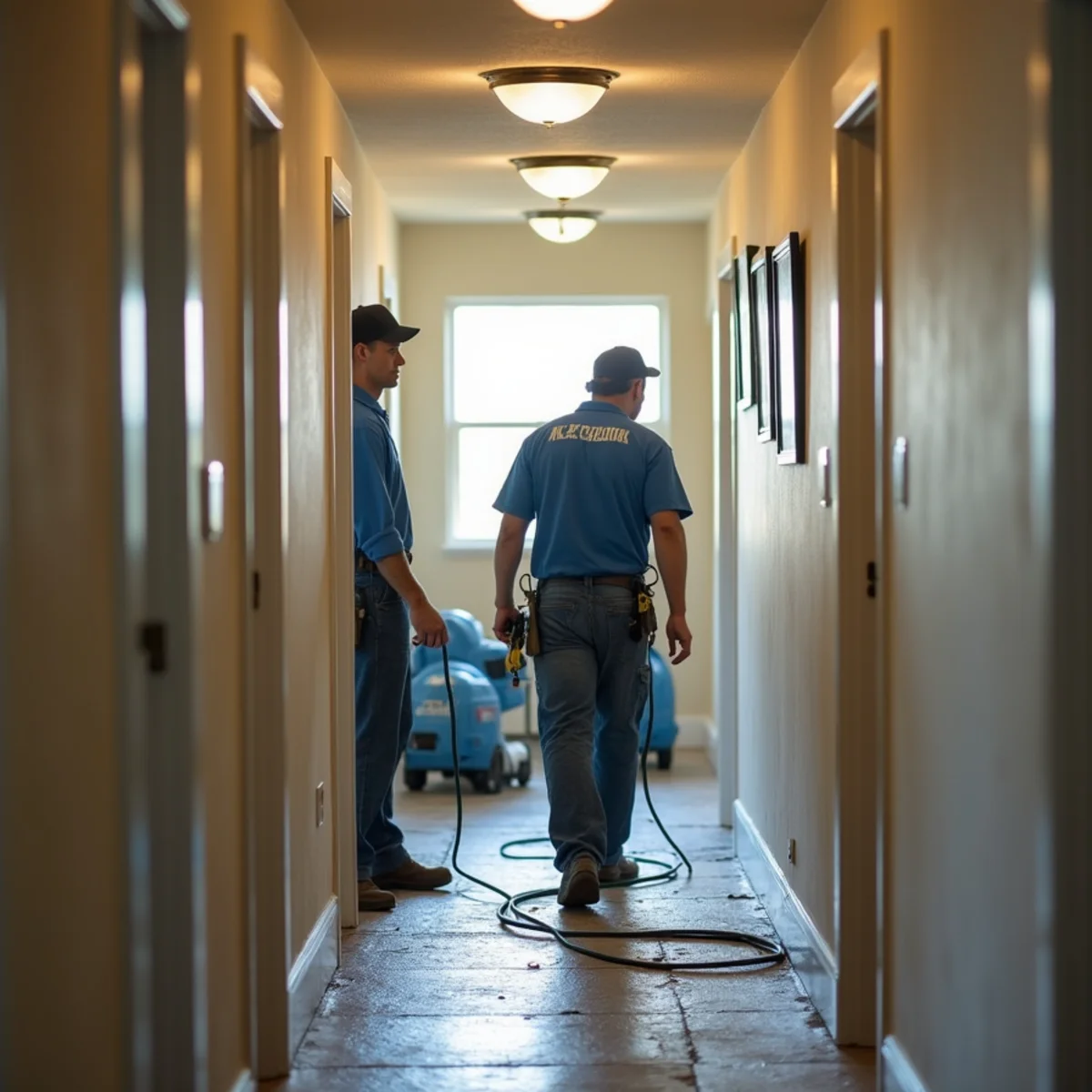 Water damage restoration crew working in a shared hallway of a South Orange County condo building