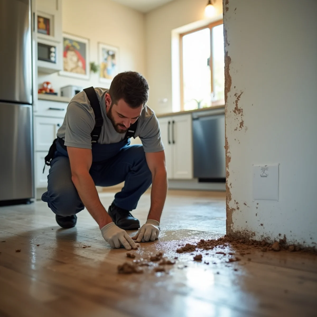 Technician inspecting water-damaged flooring during a Lake Forest restoration estimate