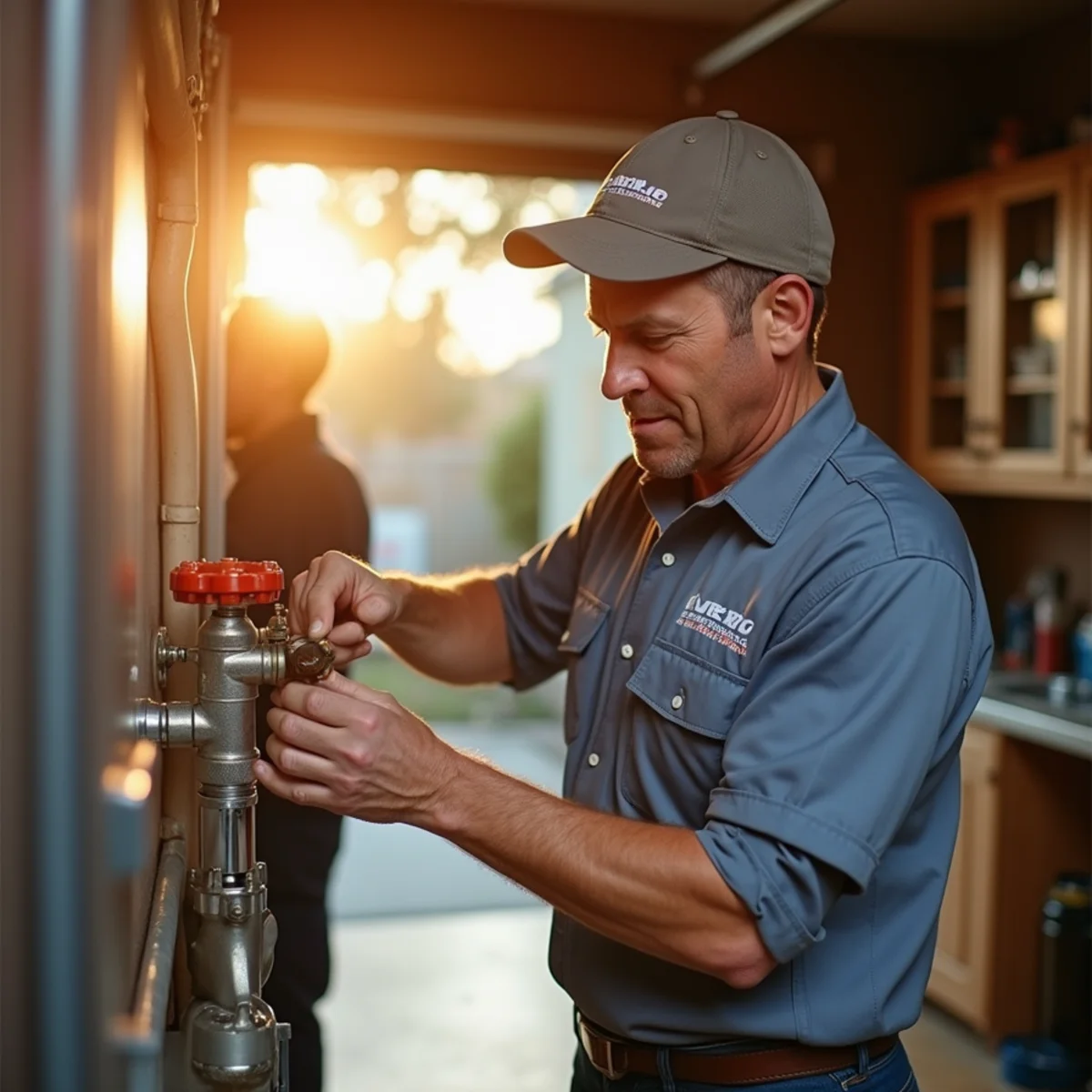 Homeowner turning a main water shut-off valve in a Lake Forest garage