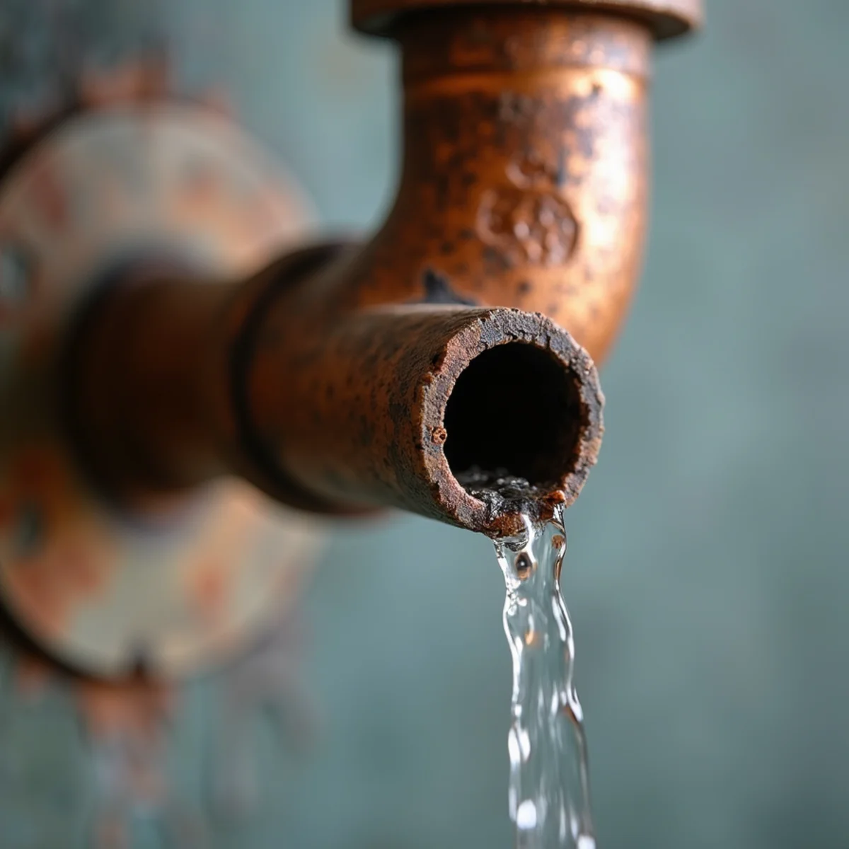 Close-up of a corroded copper pipe with a pinhole leak spraying a fine mist