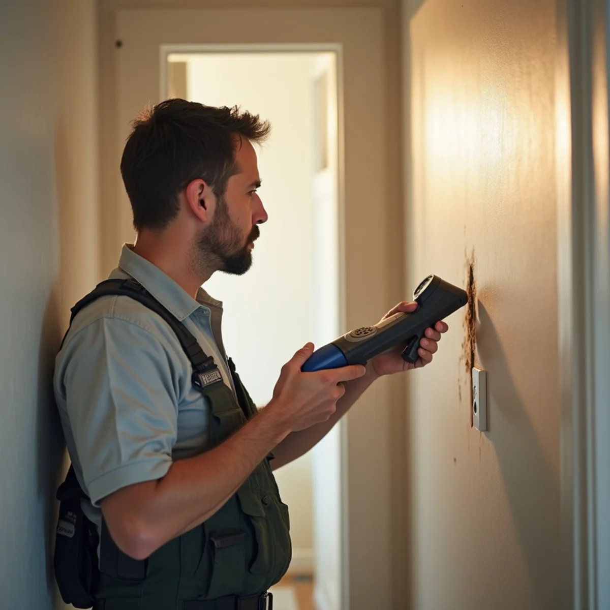Technician using a moisture meter to check a wall for hidden mold in a Lake Forest home