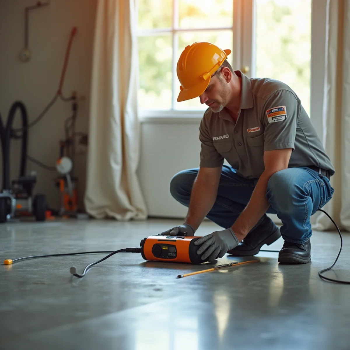 Technician using acoustic leak detection equipment on a concrete slab floor