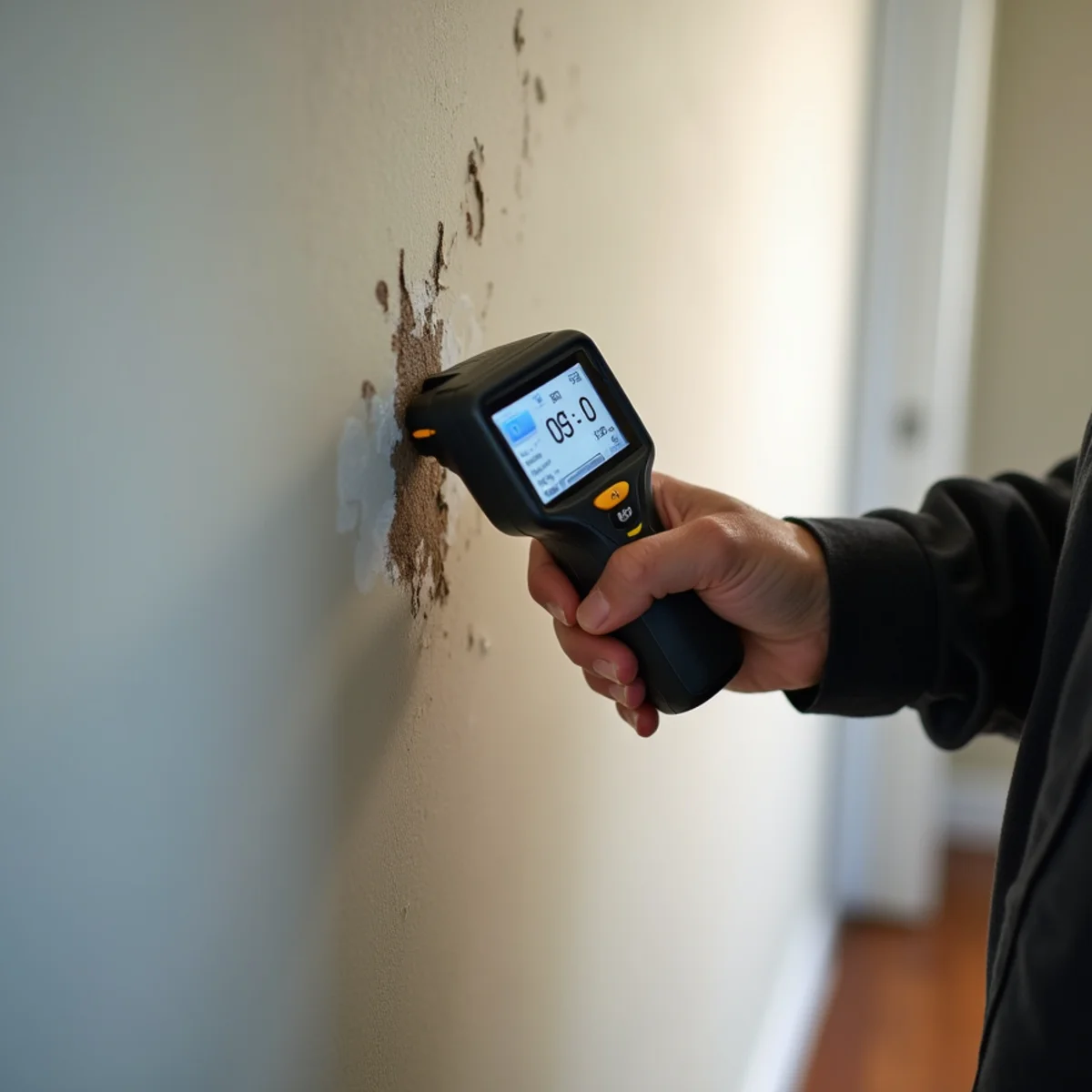 Technician inspecting a wall with a moisture meter during a water damage assessment in Lake Forest