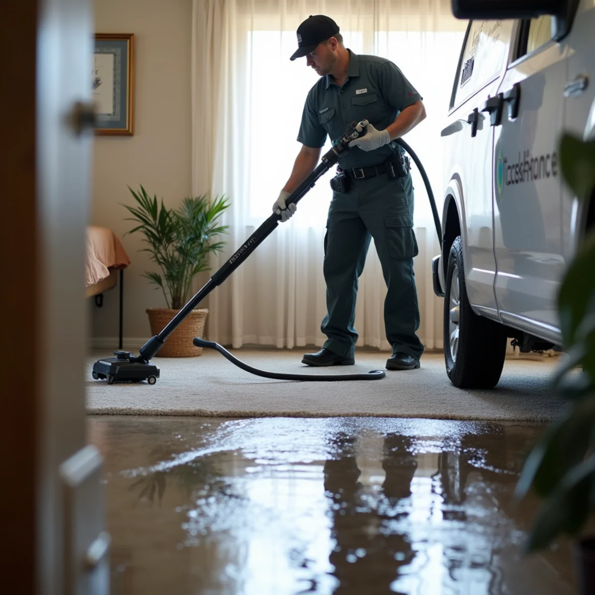 Truck-mounted vacuum extracting standing water from a carpeted floor