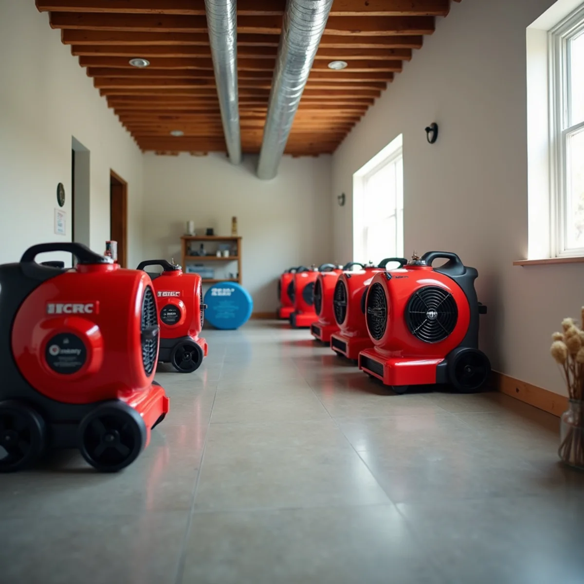 Air movers and a commercial dehumidifier drying a water-damaged room