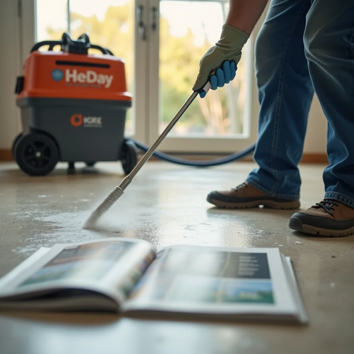 Technician applying antimicrobial treatment and running a HEPA air scrubber