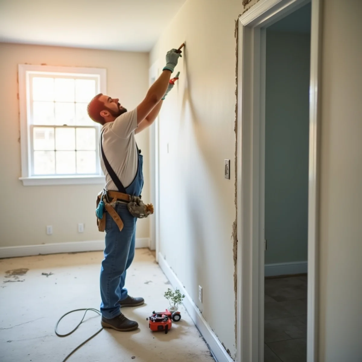 Contractor installing new drywall and painting during water damage restoration