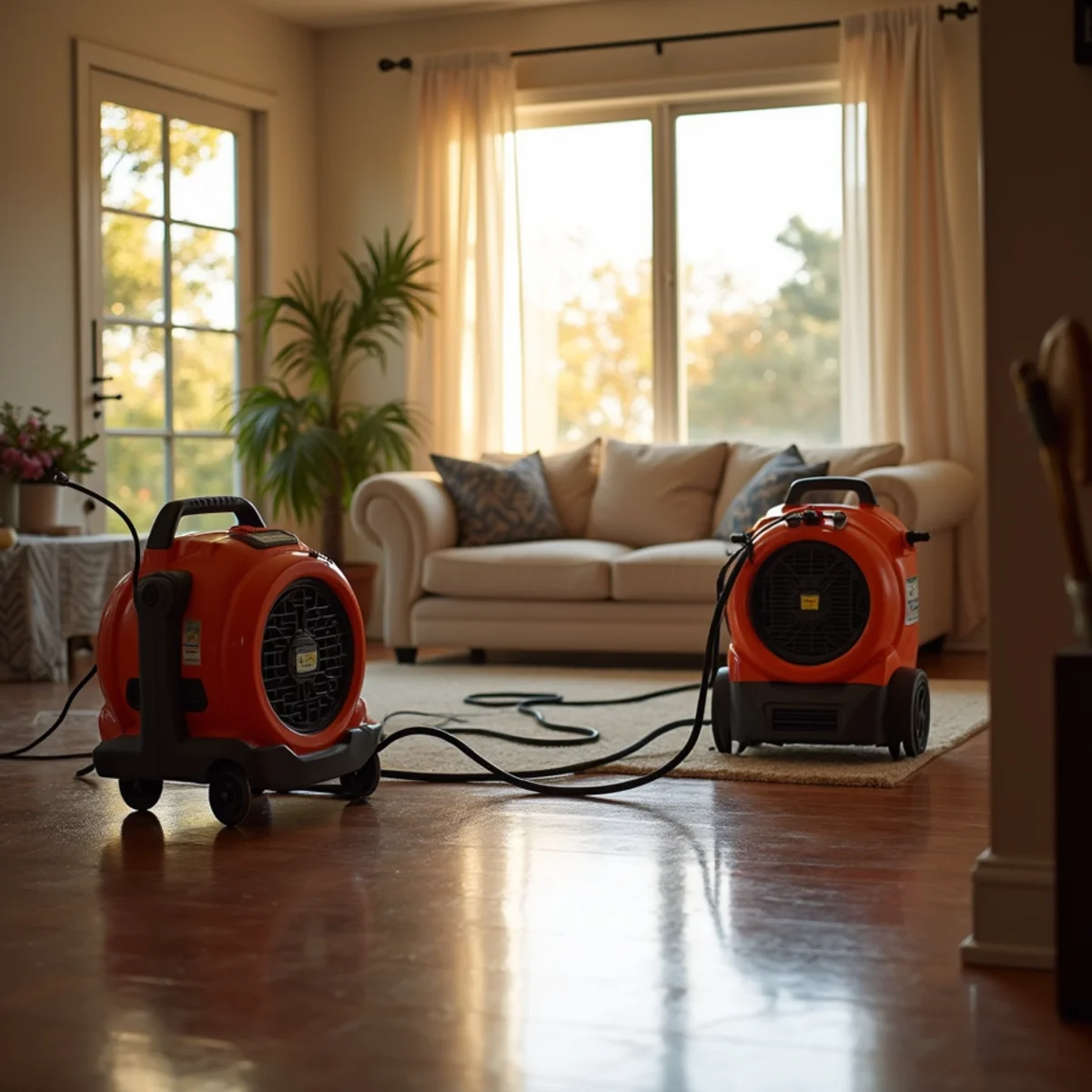 Air movers and a commercial dehumidifier set up in a drying water-damaged living room
