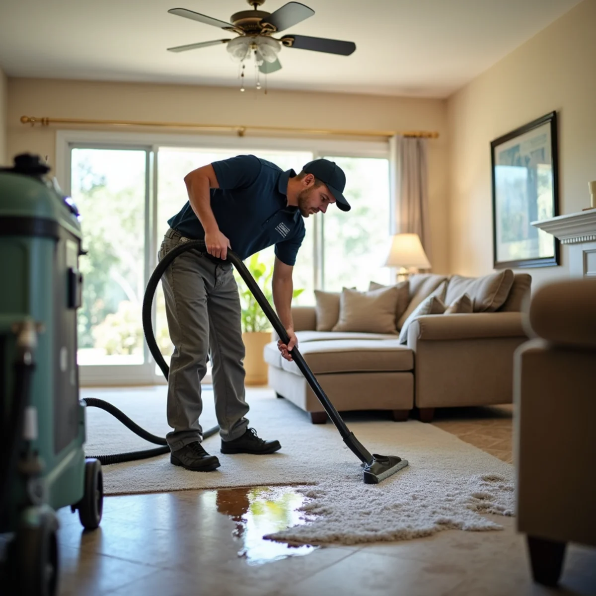 Technician extracting water from wet carpet in a Lake Forest living room