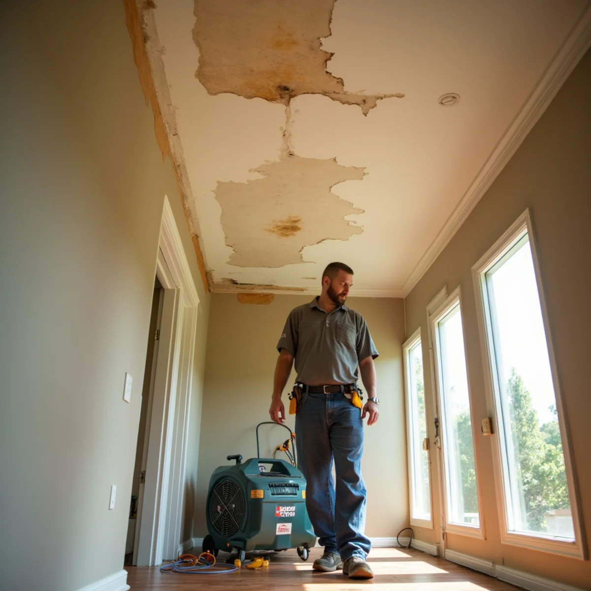 Water stain and sagging drywall on a ceiling in a Lake Forest home before repair