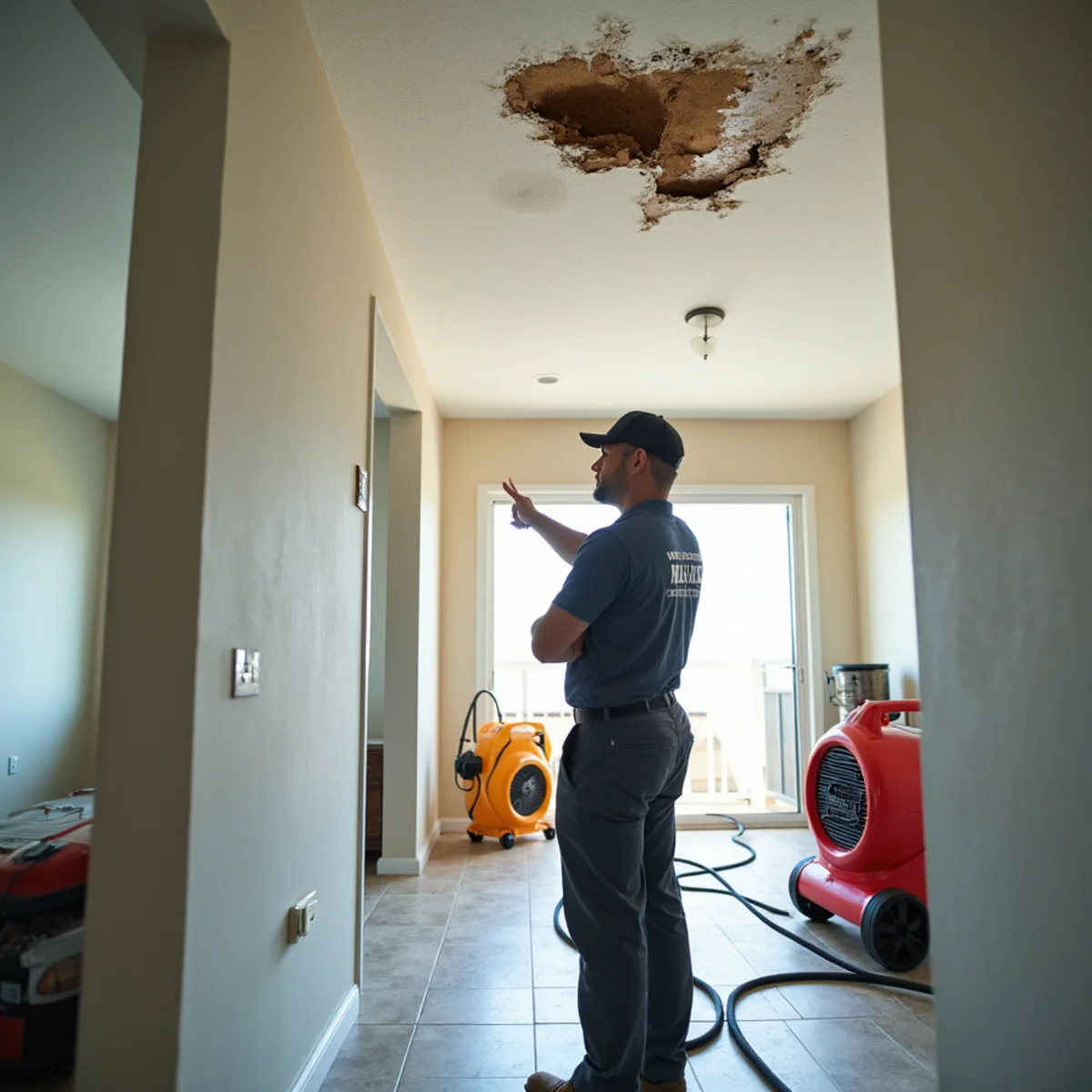 Technician assessing water damage on a shared ceiling in a South Orange County condo