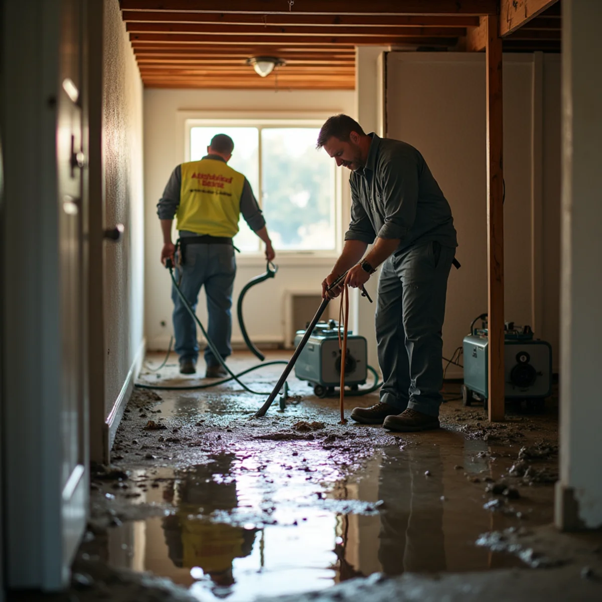 Technician pumping standing water out of a crawl space beneath a Lake Forest home