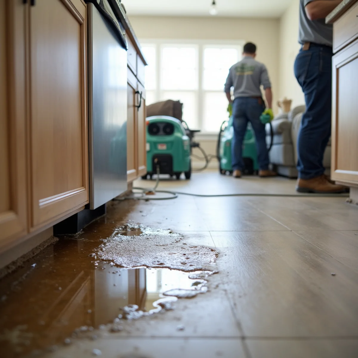 Water-damaged cabinet floor next to a dishwasher in a Lake Forest kitchen