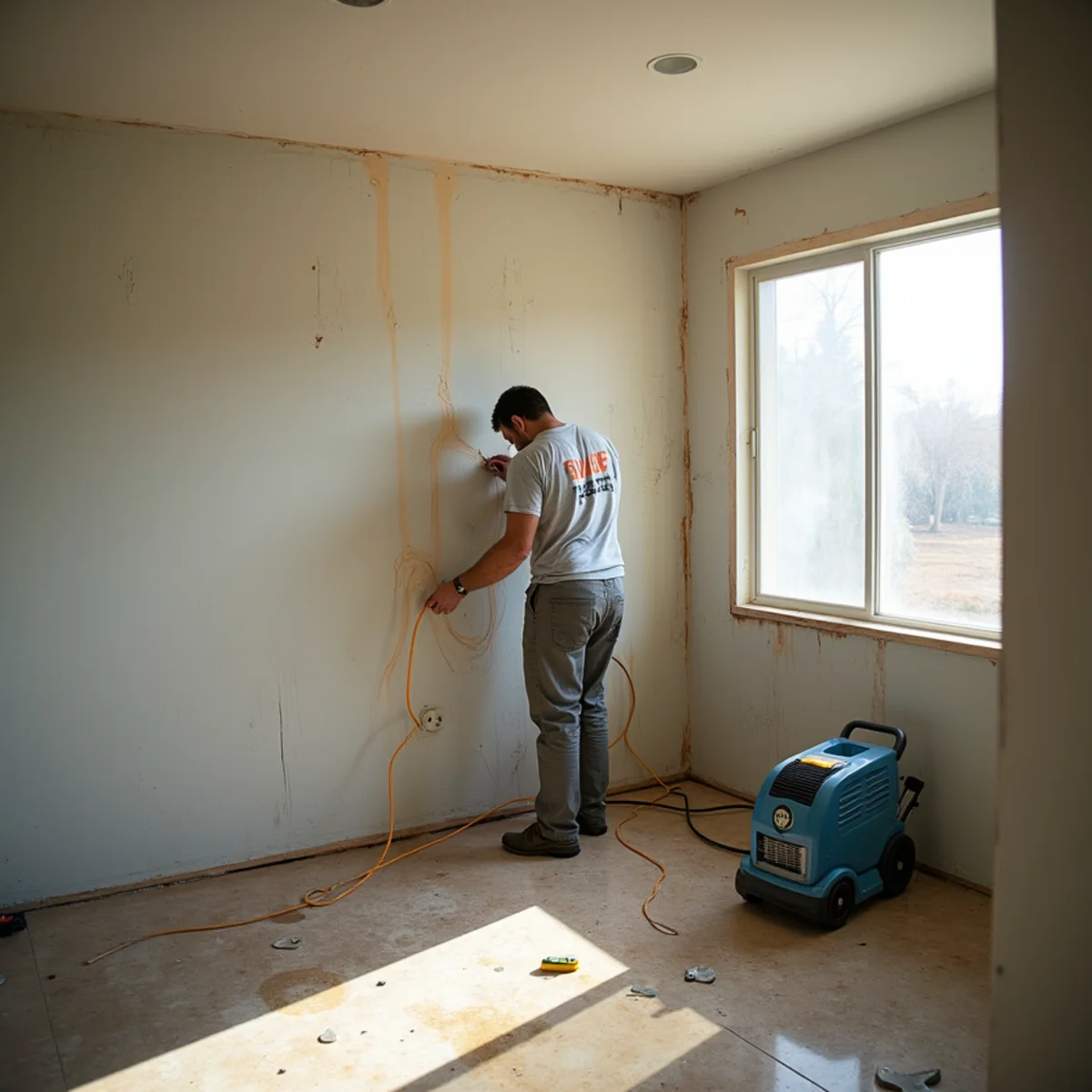 Technician performing a flood cut on water-damaged drywall in a Lake Forest home