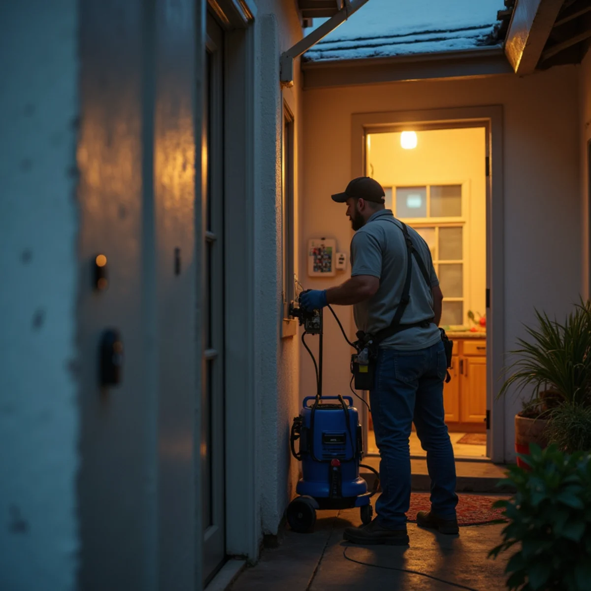 Water damage technician responding to an emergency call in Lake Forest at night