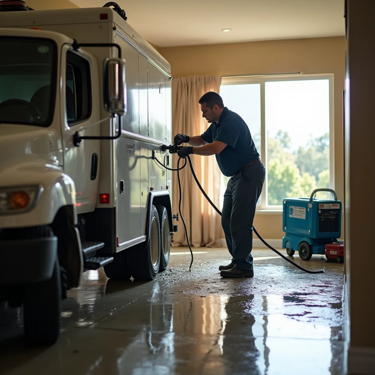 Truck-mounted extraction unit removing standing water from a Lake Forest living room