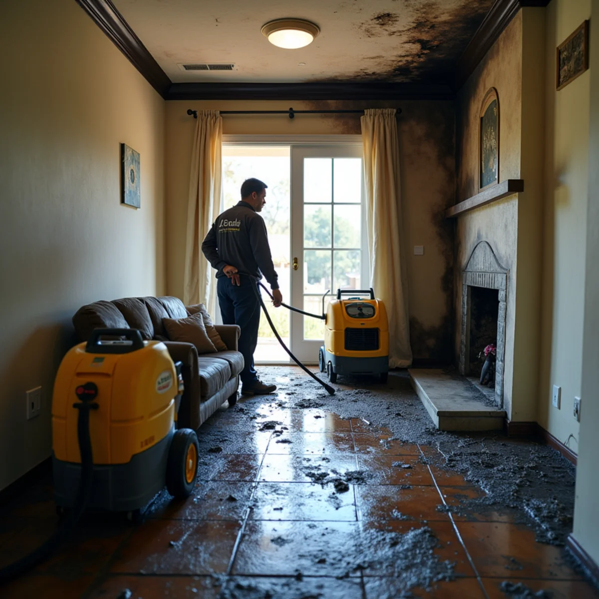 Technician cleaning soot and smoke damage in a Lake Forest, CA home