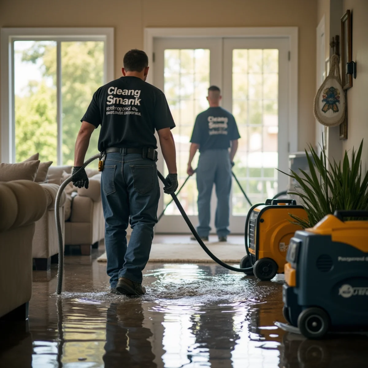 Flood damage cleanup crew extracting water from a flooded Lake Forest home