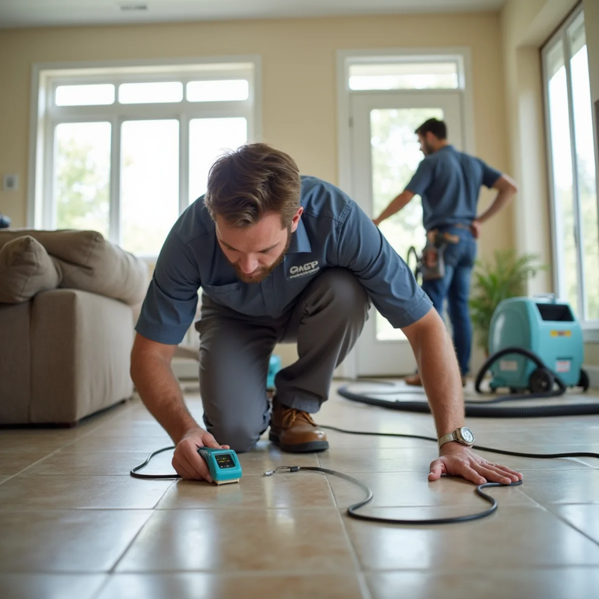 Technician checking moisture under tile flooring with a moisture meter in a Lake Forest home