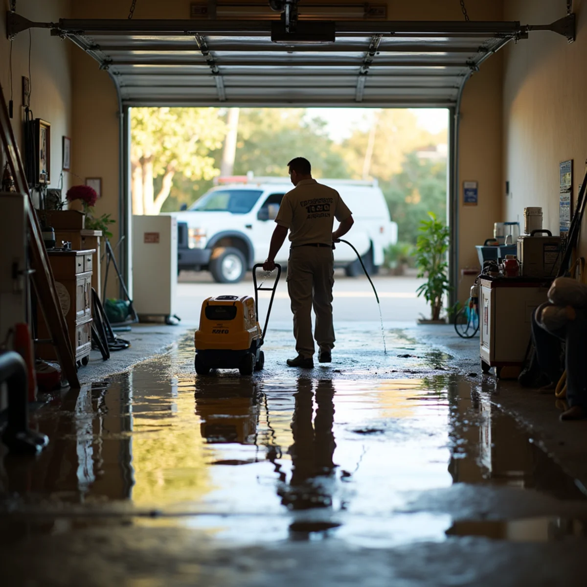 Technician extracting standing water from a flooded garage in Lake Forest, CA