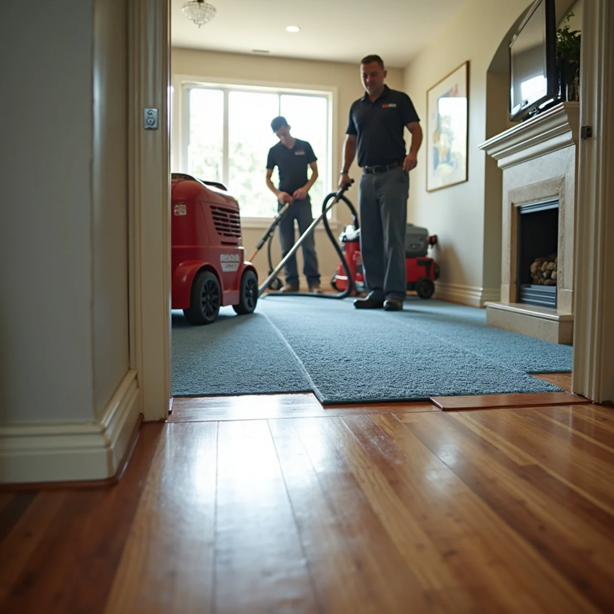Specialty drying mats set up on a cupped hardwood floor in a Lake Forest home