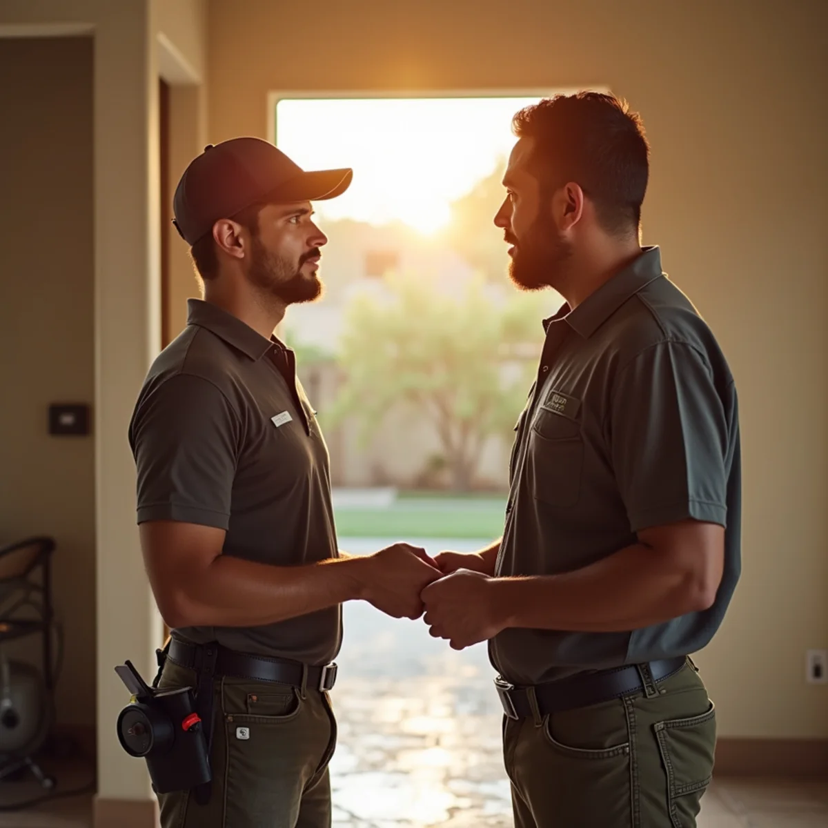 Restoration technician meeting with a property manager after water damage in an HOA community