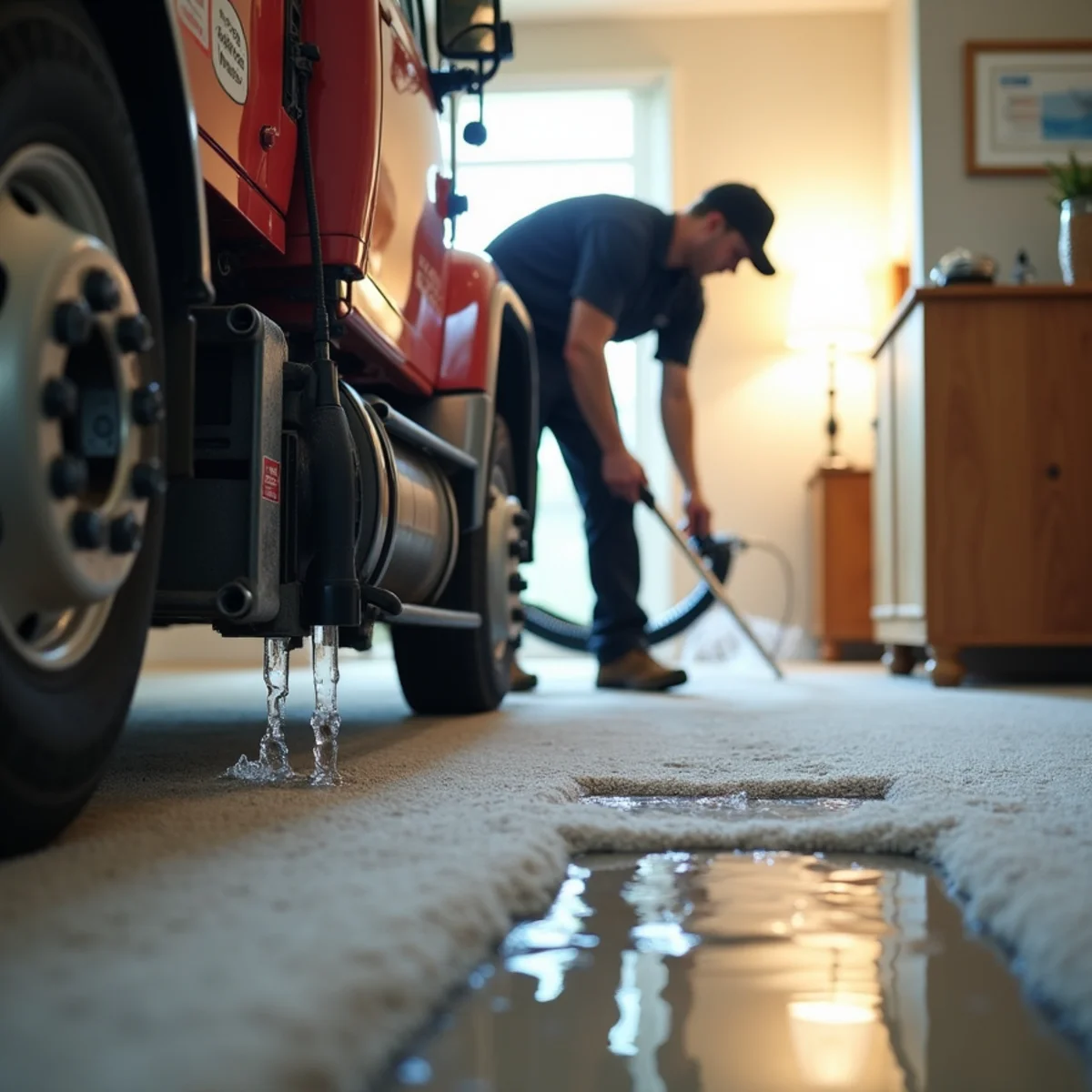 IICRC-certified technician extracting standing water from a flooded Lake Forest home