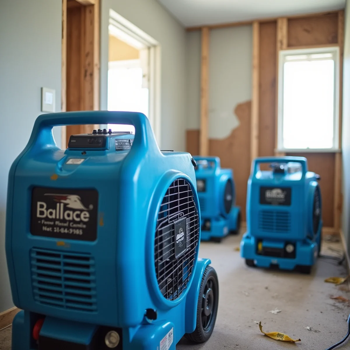 Commercial air movers and dehumidifiers drying a water-damaged room in Lake Forest, CA