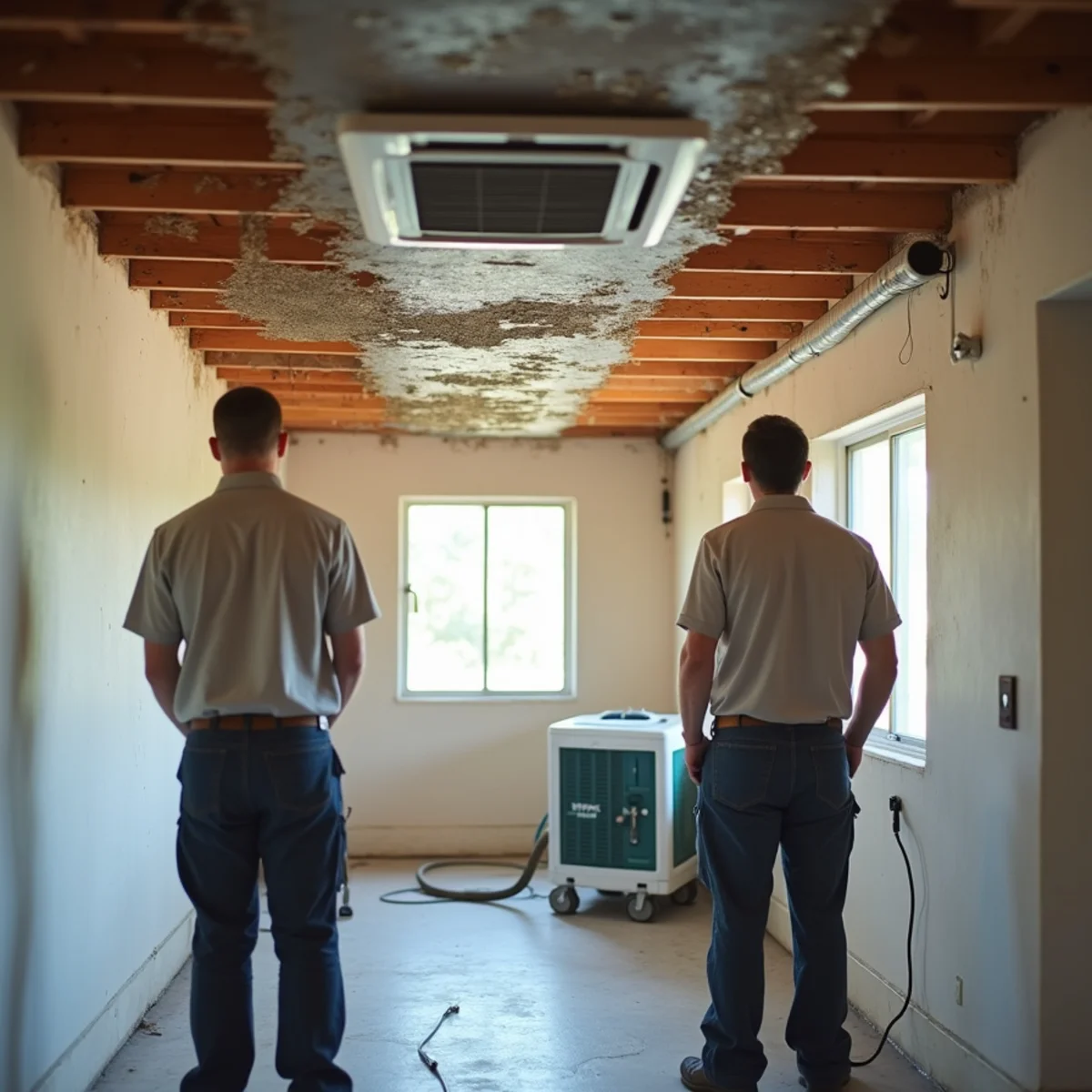 Water-stained ceiling below an attic air handler from an AC condensate leak