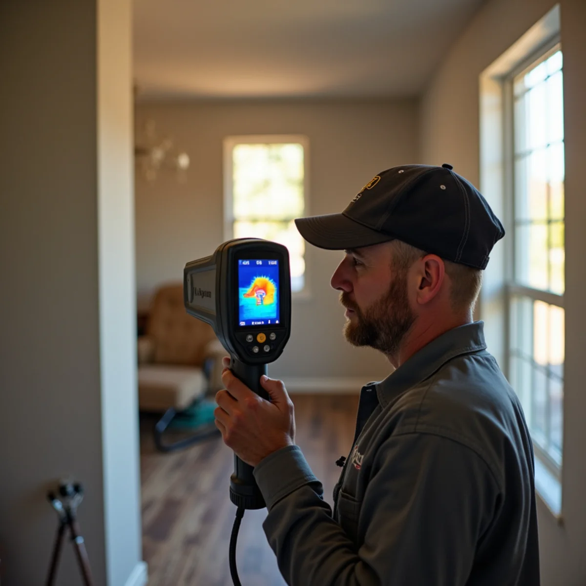 Technician using a thermal imaging camera to detect a hidden leak in a Lake Forest home