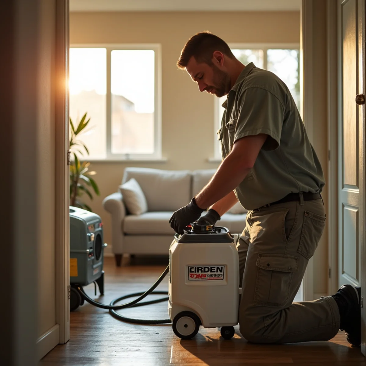 Technician operating a hydroxyl generator for odor removal in a Lake Forest home