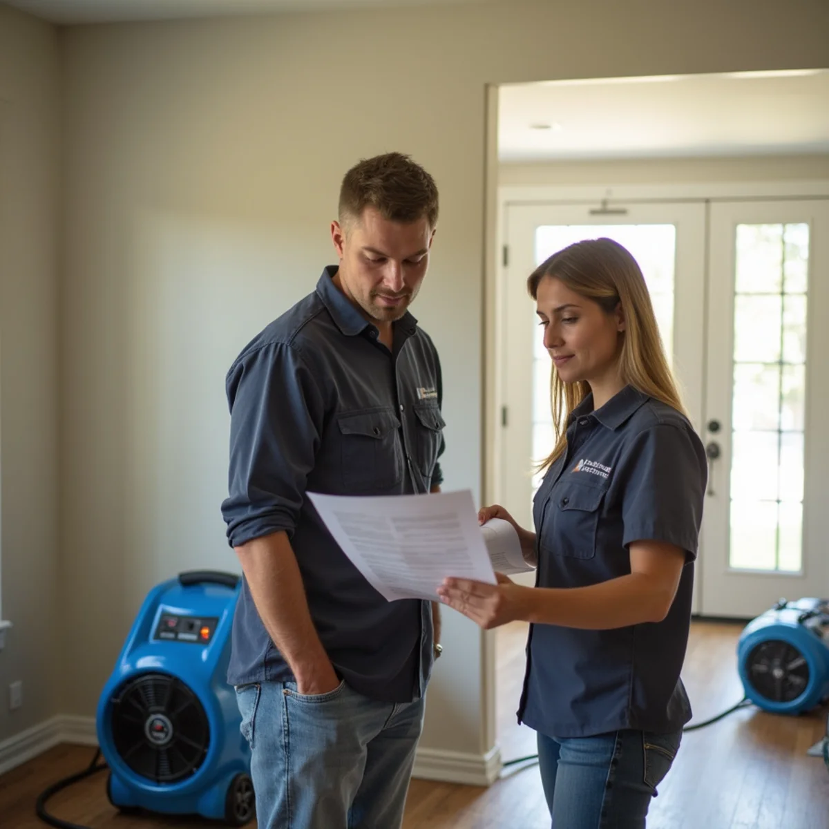 Property manager reviewing water damage documentation with a restoration technician
