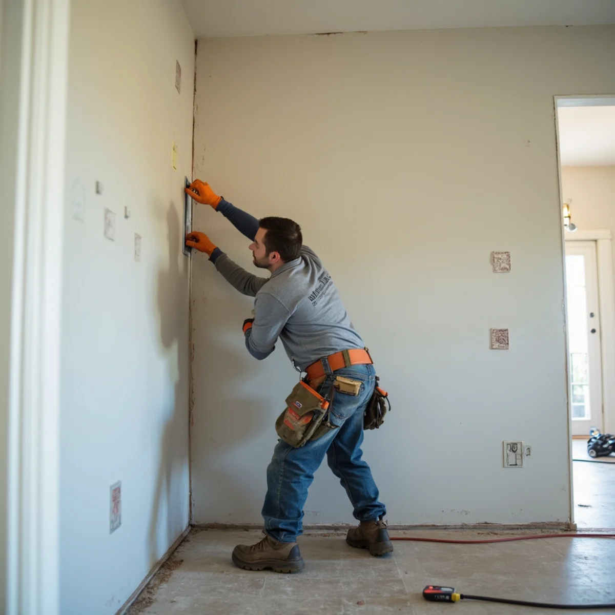 Contractor installing new drywall during water damage reconstruction in a Lake Forest home