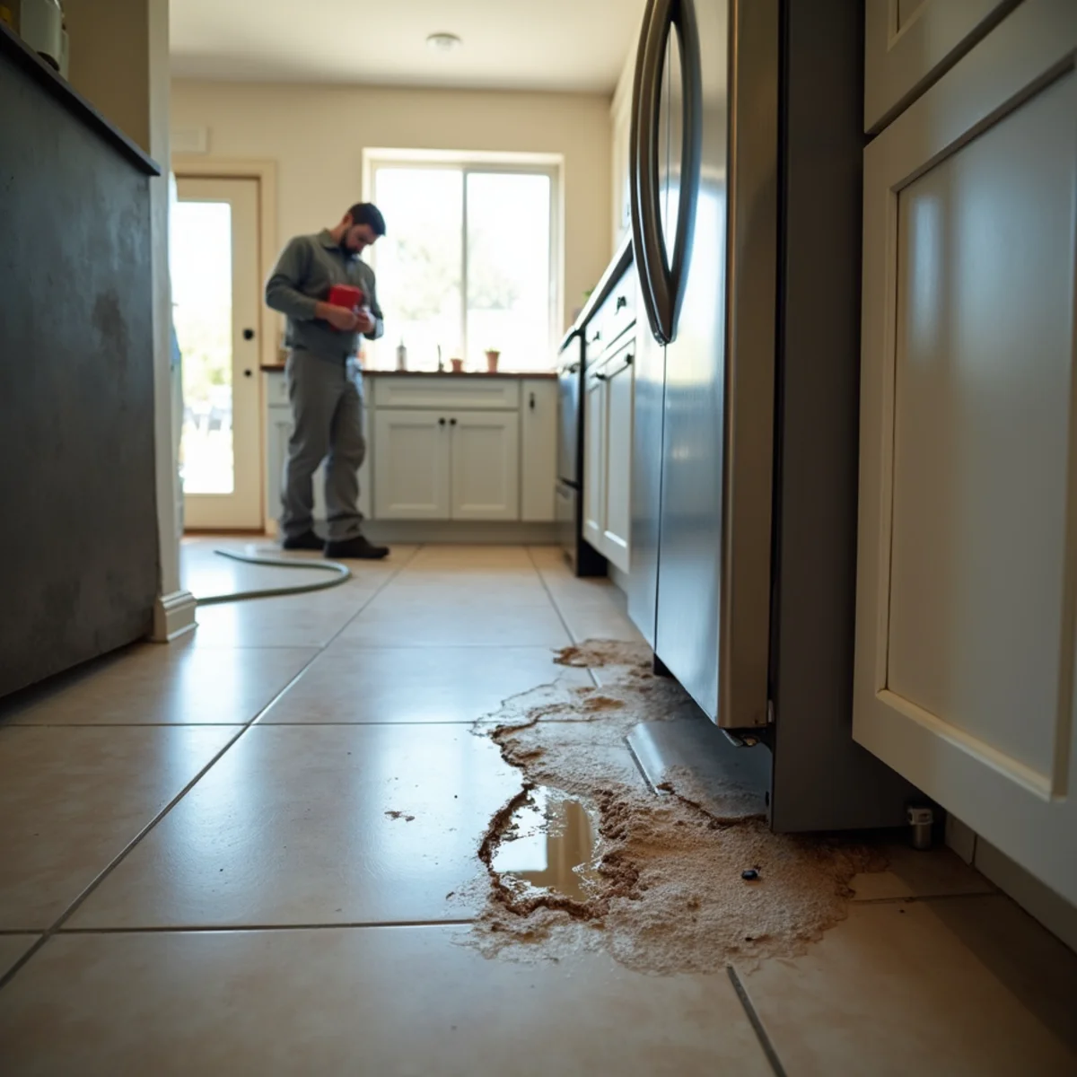 Warped kitchen flooring behind a refrigerator from a water line leak