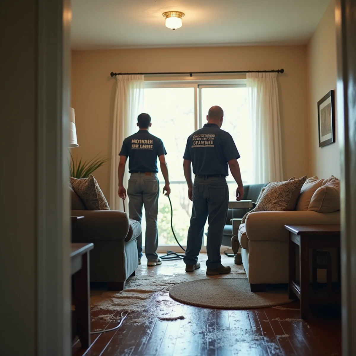 Restoration crew working in a Lake Forest residential home after a water damage event