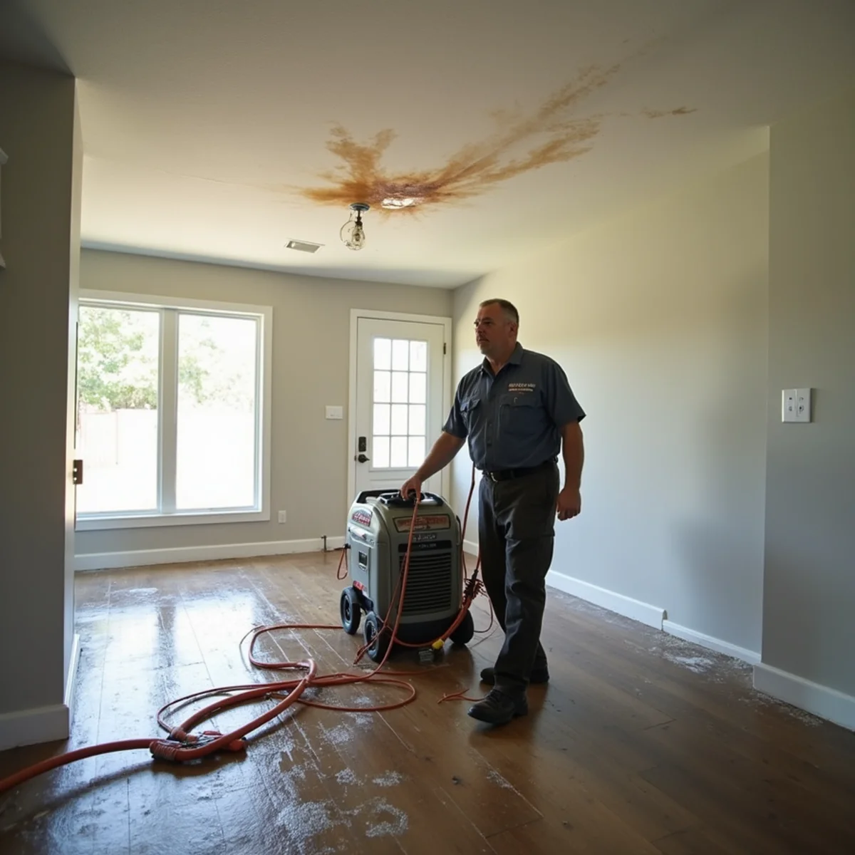 Water stain spreading across a ceiling from a roof leak in a Lake Forest home