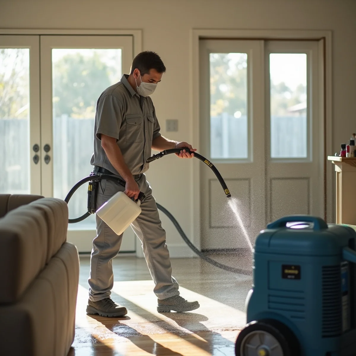 Technician applying EPA-registered antimicrobial disinfectant during water damage cleanup